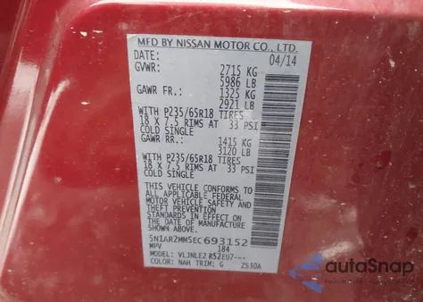 2014 Nissan Pathfinder Platinum/S/Sl/Sv z USA, uszkodzony, nr VIN 5N1AR2MM5EC693152